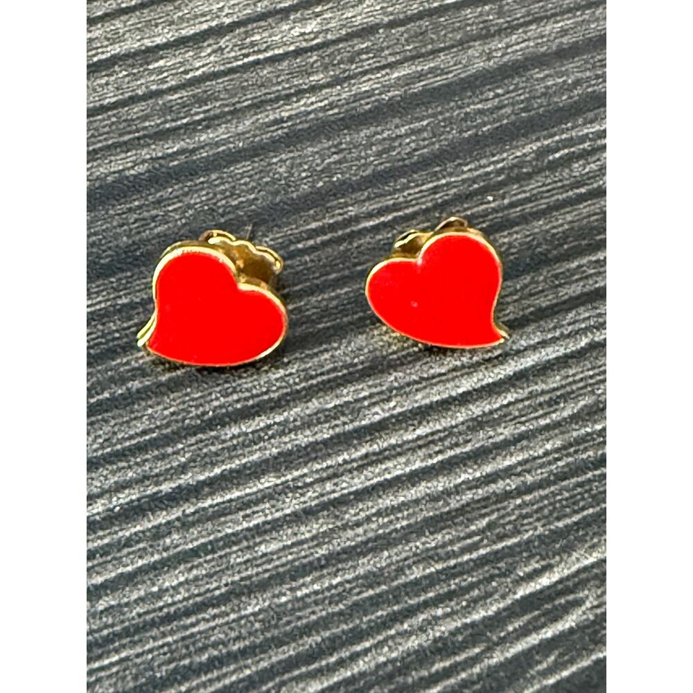 Signed DON LIN Gold Tone Red Enamel Heart Pierced Earrings